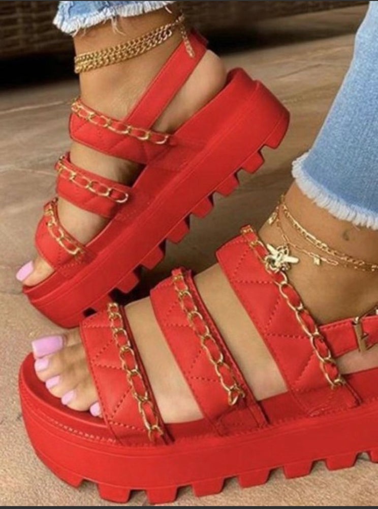 Red round toe platforms sandals