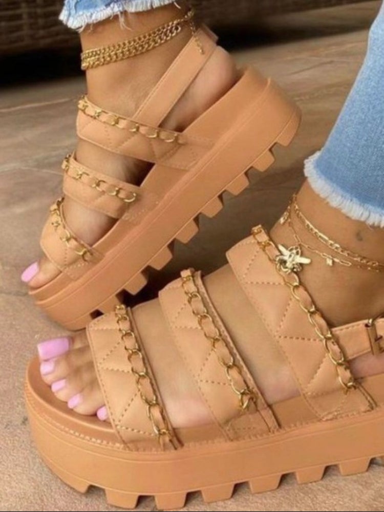 Tan round toe platform sandals