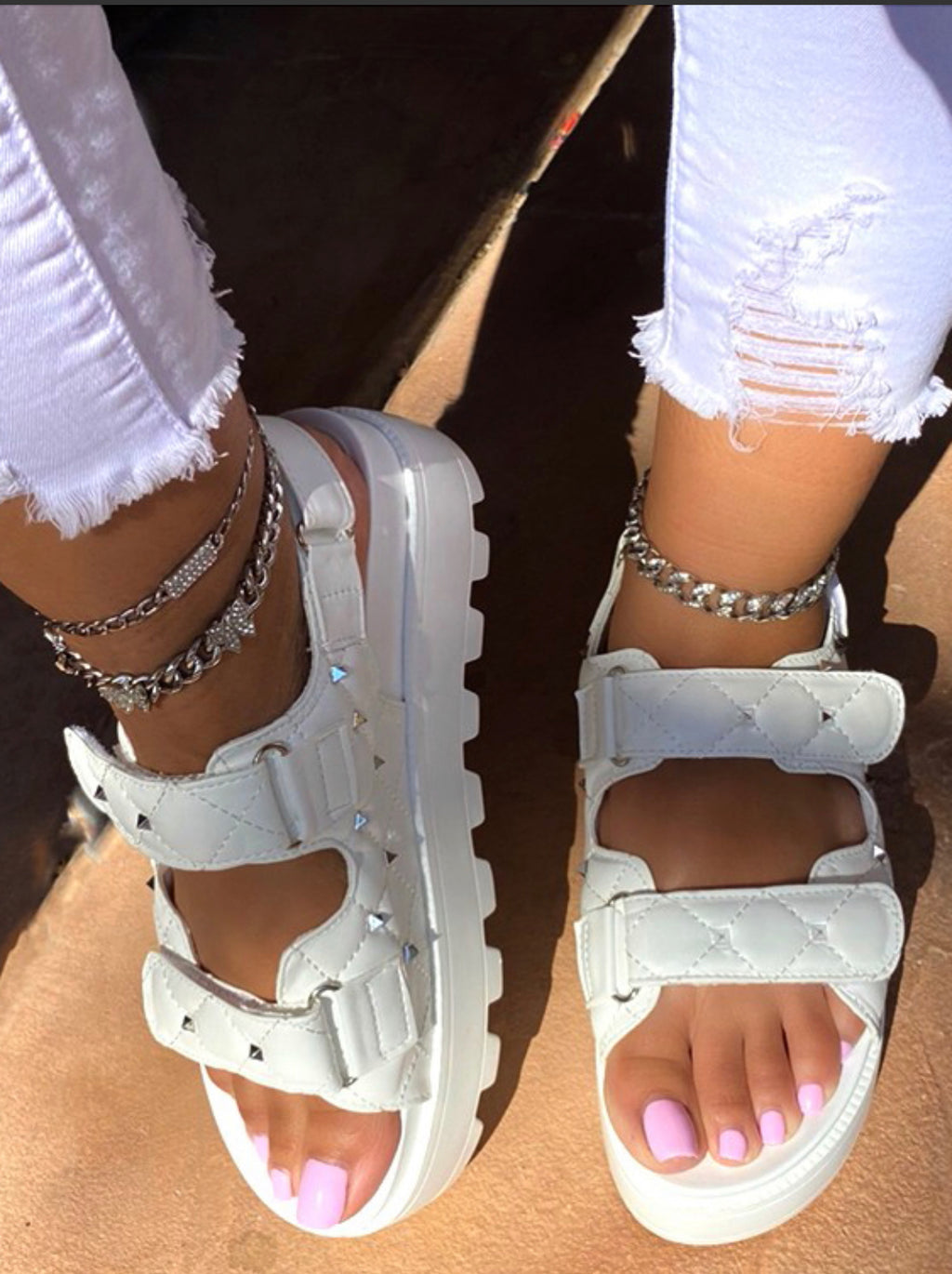 White studded platform sandals